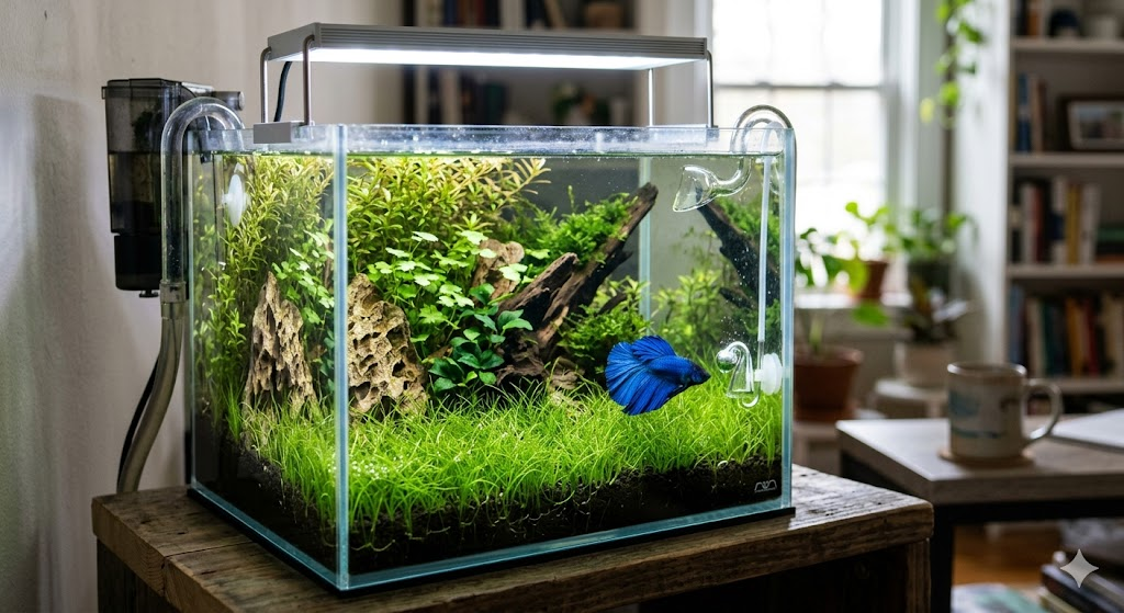 A vibrant blue Betta fish swimming peacefully over a soft, grassy carpet of Dwarf Hairgrass in a well-lit 3-gallon nano tank