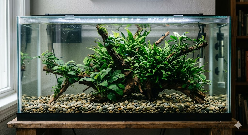 A stunning, crystal-clear 20-gallon long aquarium with no soil substrate. The floor is covered in smooth river pebbles. A large, central piece of spider wood is completely covered in various sizes of Anubias Nana and dark green Java Fern. Tiny blue velvet shrimp are grazing on the plant leaves. Soft, cinematic natural lighting.