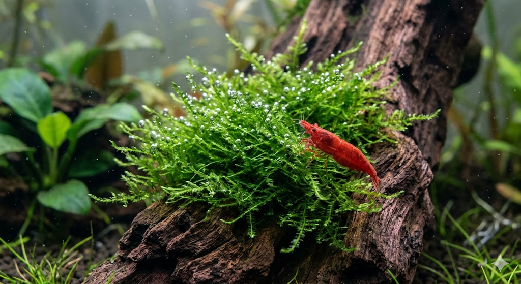 Close-up macro shot of Java Moss (Vesicularia dubyana) attached to a piece of dark bogwood. The moss is vibrant green and pearling with tiny oxygen bubbles. A bright red cherry shrimp is visible, picking at the moss. Detailed textures of the moss fibers and wood grain.