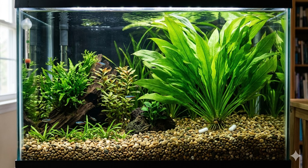 A lush, 20-gallon aquarium featuring a massive, vibrant green Amazon Sword plant rooted in natural pea gravel, with small root tab capsules partially visible near the base to show placement. High-resolution, cinematic aquarium lighting.