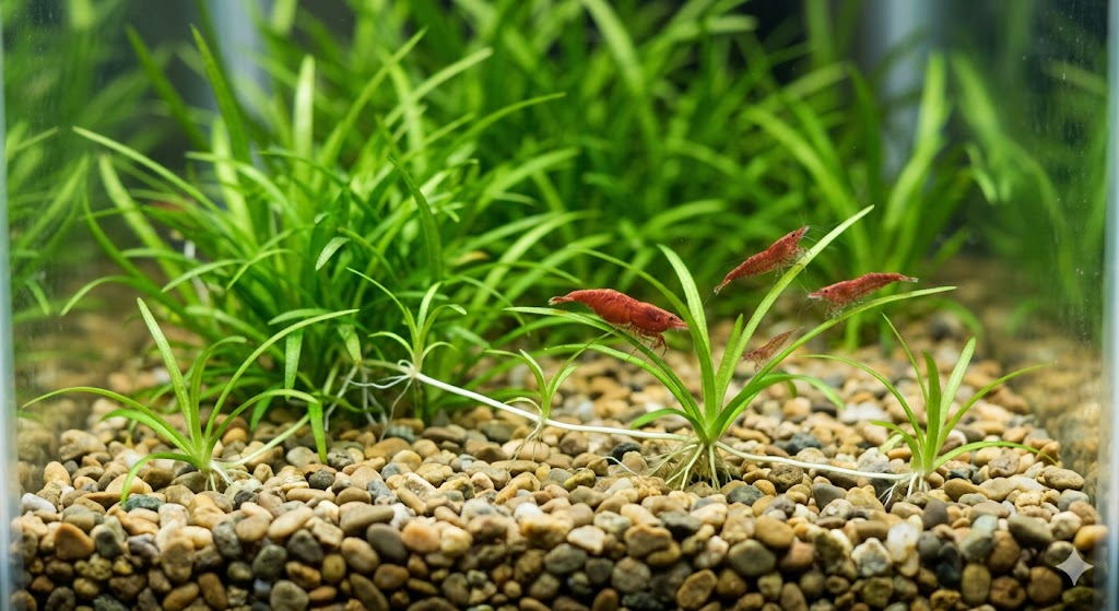 A close-up view of Dwarf Sagittaria spreading its runners across a bed of small, smooth river gravel. A few small cherry shrimp are perched on the thin, grass-like leaves. Macro photography, clear water.