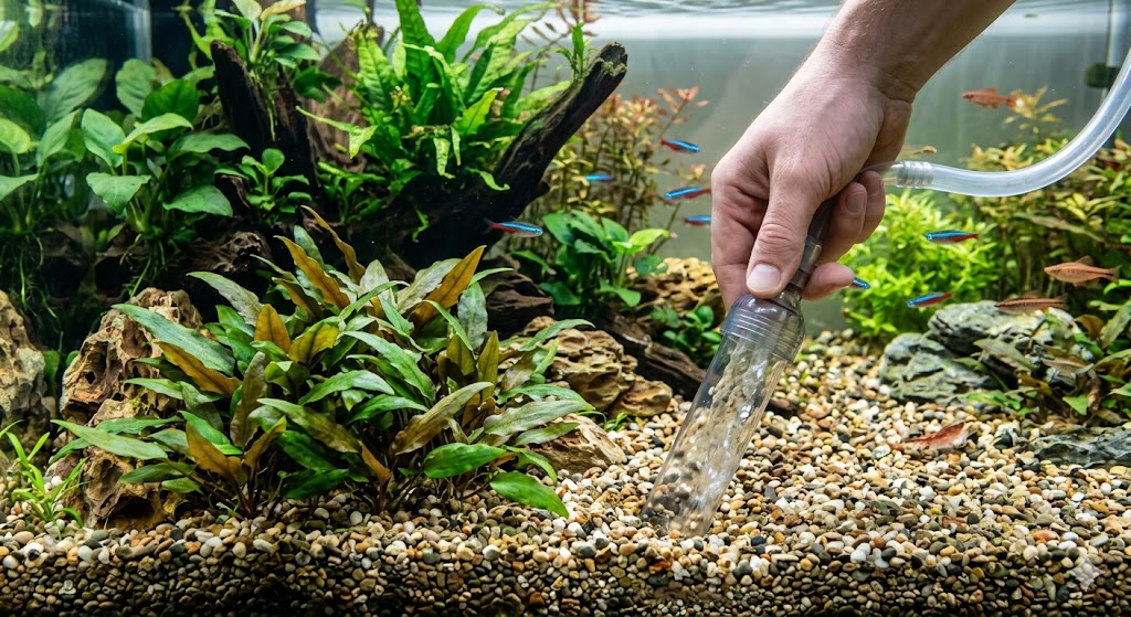 An infographic-style photo showing a human hand using a gravel vacuum in an aquarium. The vacuum is being used in an open area of gravel, while the area near a cluster of Cryptocoryne plants is left undisturbed.