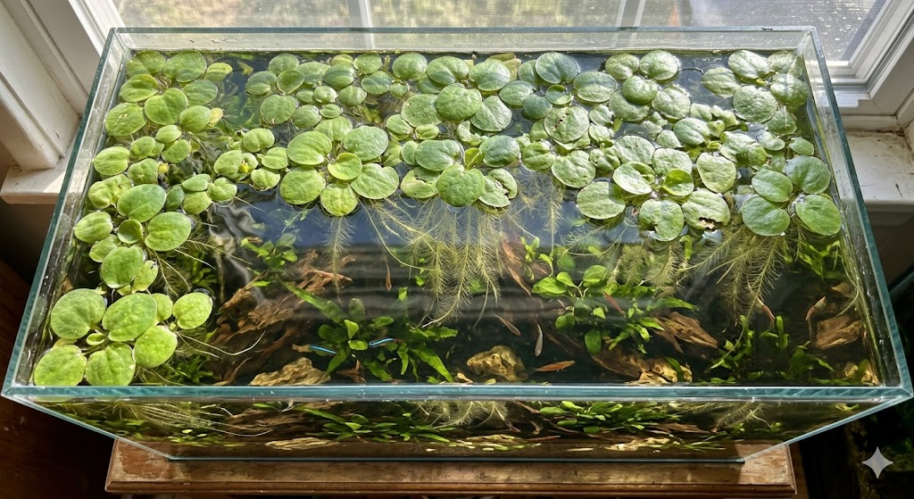 Top-down view of an aquarium surface. Large, round leaves of Amazon Frogbit are floating on the water, with long, fuzzy roots extending deep into the water column. Sunlight filters through the leaves, creating "god rays" in the water below.