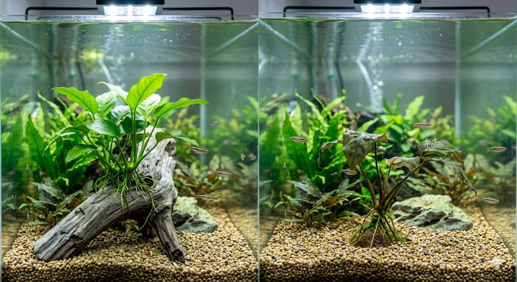 A comparison photo. On the left, a healthy Anubias attached to a rock. On the right, a "melting" Anubias with its rhizome buried deep in gravel to show the common beginner mistake.