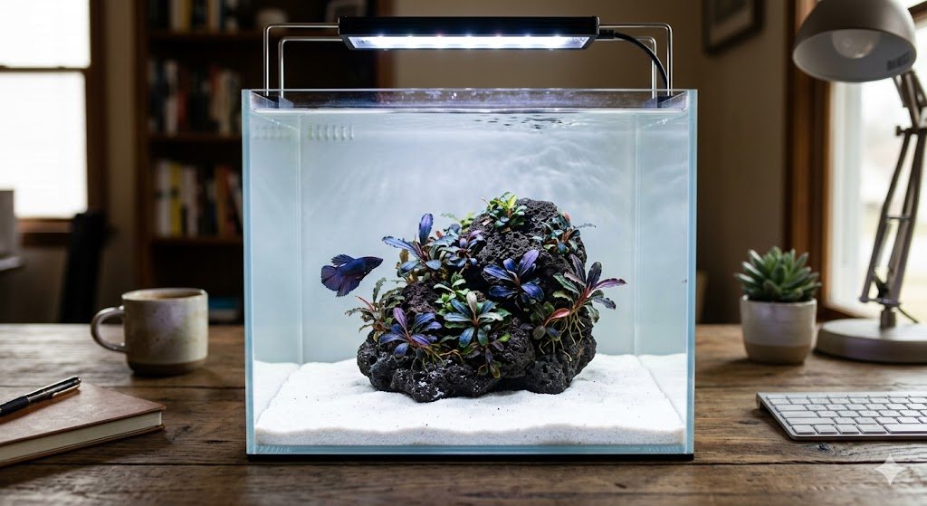 A minimalist 5-gallon nano tank on a desk. The tank has no soil, just white decorative sand. A single, dark lava rock is positioned in the center, encrusted with various colorful Bucephalandra species (metallic blue and deep purple leaves). One small Betta fish is swimming nearby.