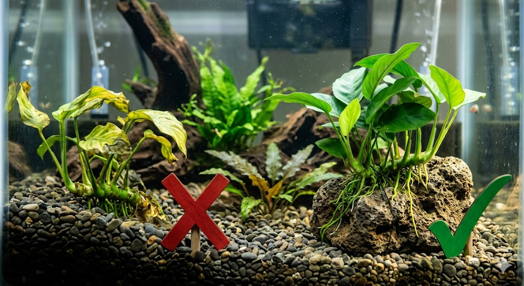 An infographic-style photo showing the "Rhizome Rule." One side shows an Anubias plant with its rhizome buried in gravel (marked with a red 'X' and showing rot). The other side shows the same plant tied to a rock with the rhizome fully exposed to the water (marked with a green checkmark and showing healthy new leaves).