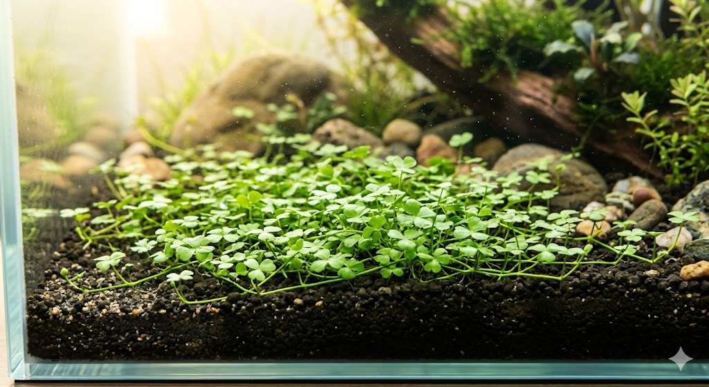A close-up shot of Marsilea Hirsuta growing in an aquarium, showing its unique clover-shaped leaves spreading across a dark substrate with natural sunlight filtering through the water.