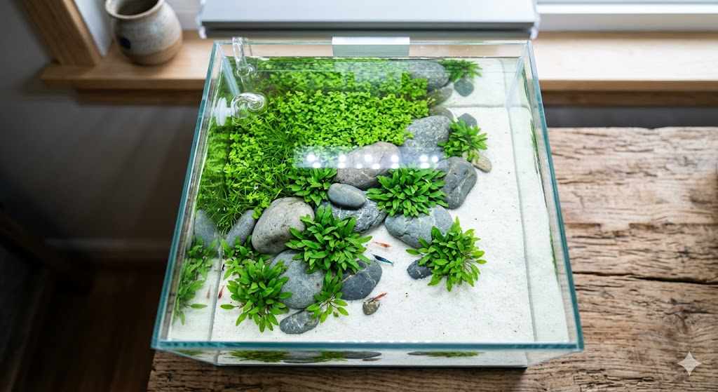 A top-down view of a minimalist 2-gallon nano tank with a clean sand foreground and small patches of Cryptocoryne Parva nestled between smooth river stones.