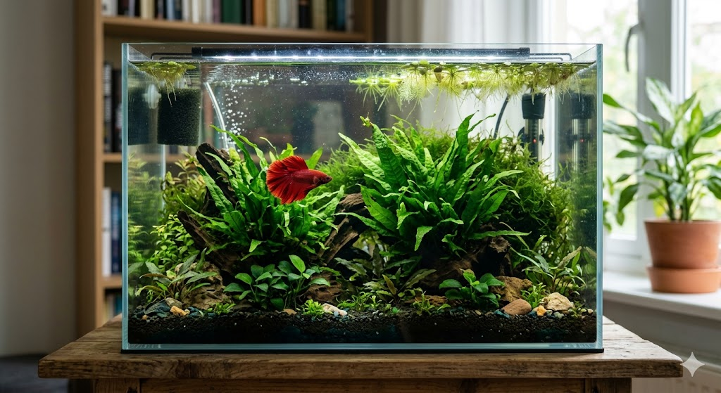 A cinematic, wide-angle shot of a lush 10-gallon planted betta aquarium. A vibrant red halfmoon betta is swimming through green Java Ferns. The lighting is soft and natural, showing clear water and a mix of floating plants on the surface. High detail, 8k resolution.