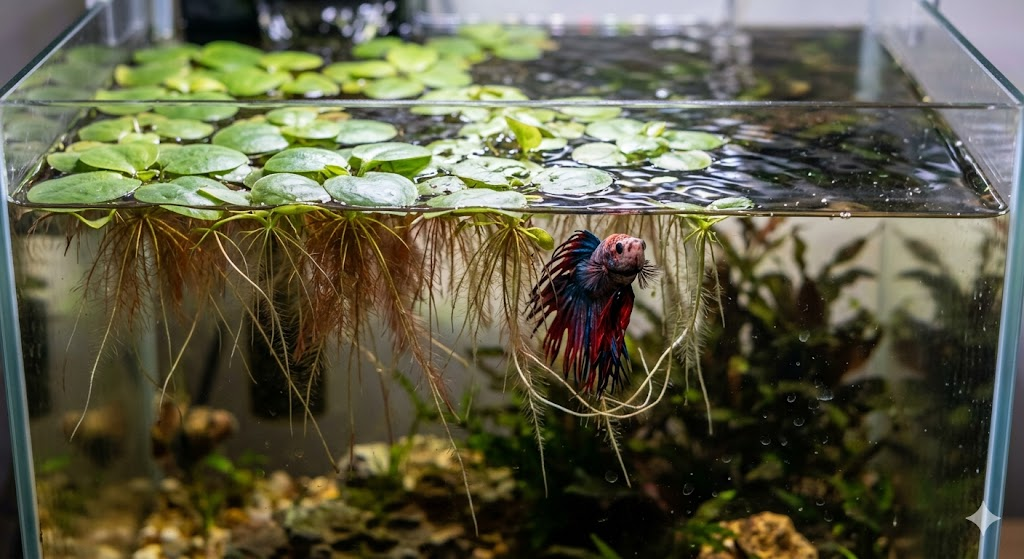 A close-up view of the water surface in an aquarium. Green Amazon Frogbit plants are floating, with long, delicate roots hanging down into the water. A betta fish is visible just below the surface, peeking through the roots. Soft top-down lighting.