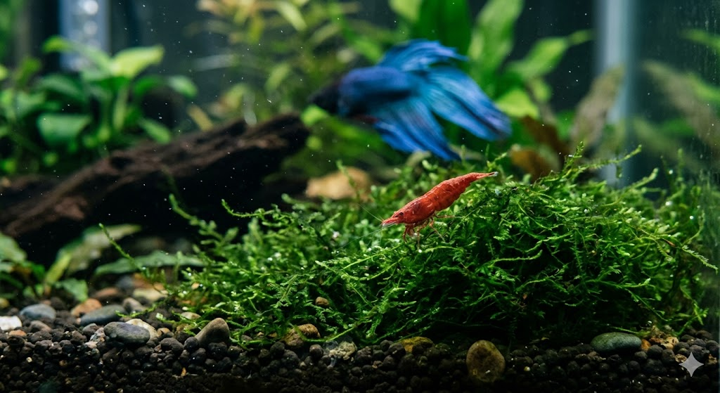 A macro shot of a cherry shrimp sitting on a bed of green Java Moss at the bottom of an aquarium. In the background, the tail of a blue betta fish is softly visible. The scene is peaceful and natural.