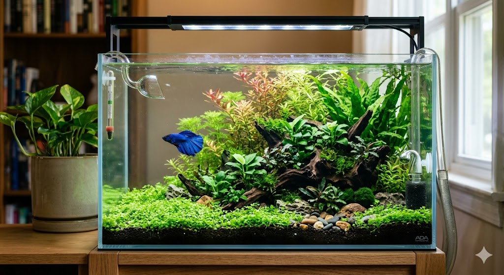 A beautiful "aquascaped" betta tank showing a mix of foreground carpet plants, mid-ground Anubias on driftwood, and tall background plants. The composition follows the rule of thirds, looking like a professional underwater garden. Clear, vibrant, and artistic.