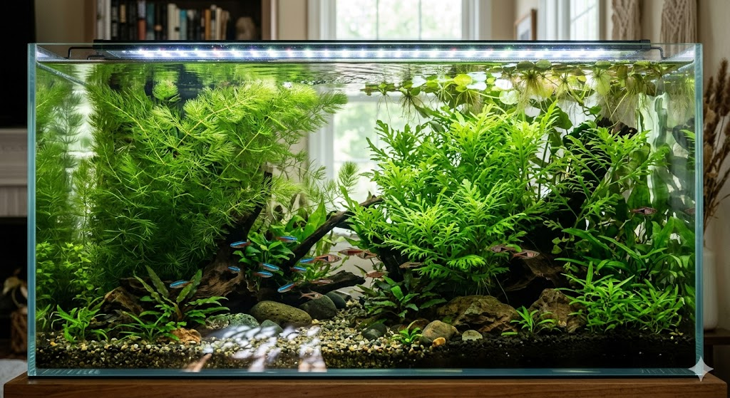 A crystal-clear freshwater aquarium filled with dense, vibrant fast-growing plants like Hornwort, Water Sprite, and Amazon Frogbit, visibly outcompeting algae, bright green tones, natural aquascape, soft lighting, high detail, realistic water reflections, no algae present, healthy ecosystem balance, wide-angle composition