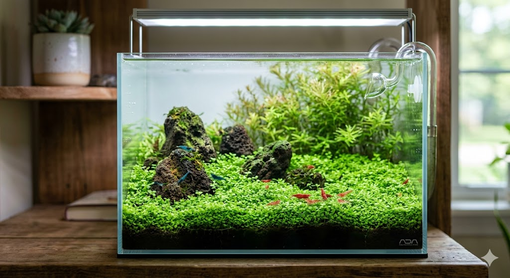 A beautiful 5-gallon nano aquarium featuring a lush green Monte Carlo carpet covering the foreground, with small volcanic rocks and a few colorful shrimp grazing on the leaves